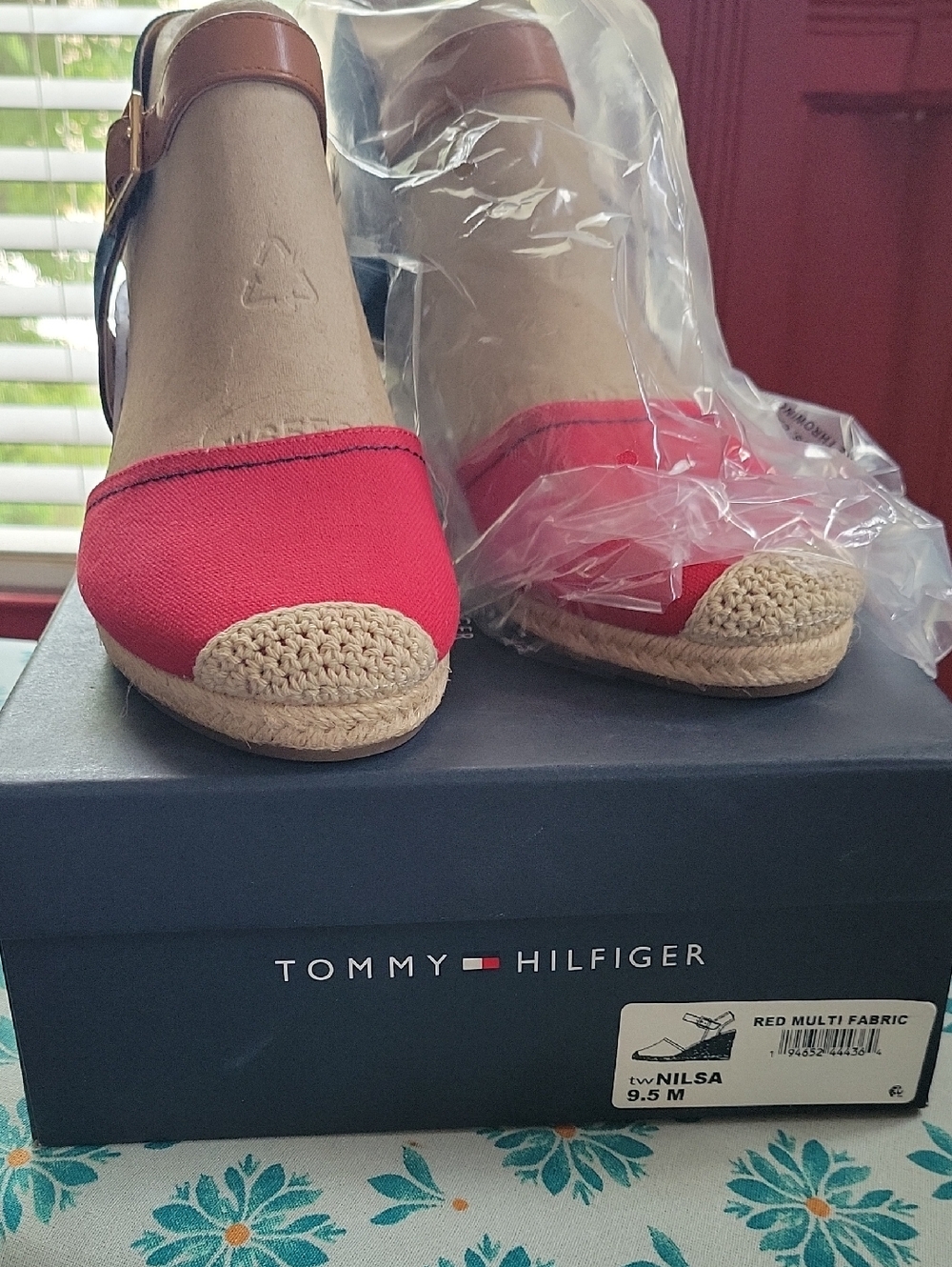 Tommy Hilfiger Red Canvas Wedge Espadrilles with Brown Ankle Strap